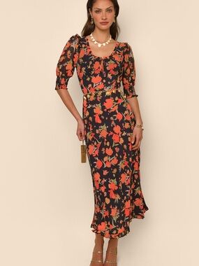 Like New - RIXO Sathya Floral Midi Dress with Puff Sleeves (3X)